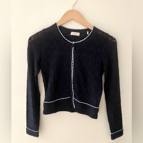 SANDRO Bomi Openwork Geo-Pattern Scalloped Trim Stretch Knit Cardigan size 1 XS - Picture 7 of 7